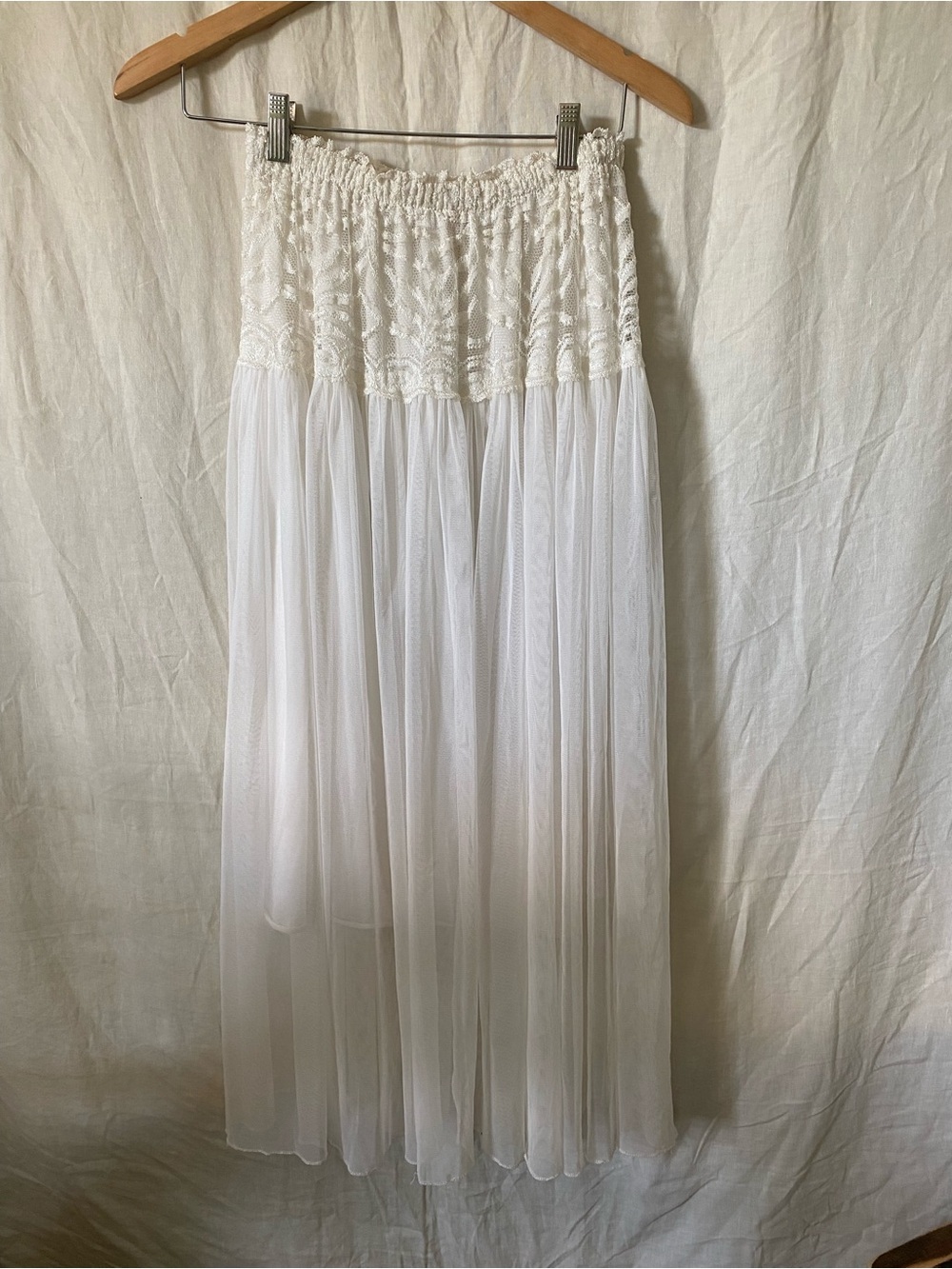 White Maxi Skirt with Smocked Crochet Lace Waist - Small/Medium- Flowy Whimsical